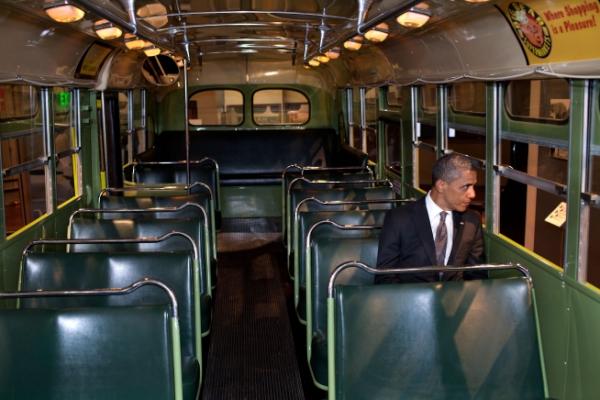 PHOTO: President Obama sits on the bus Rosa Parks made history in